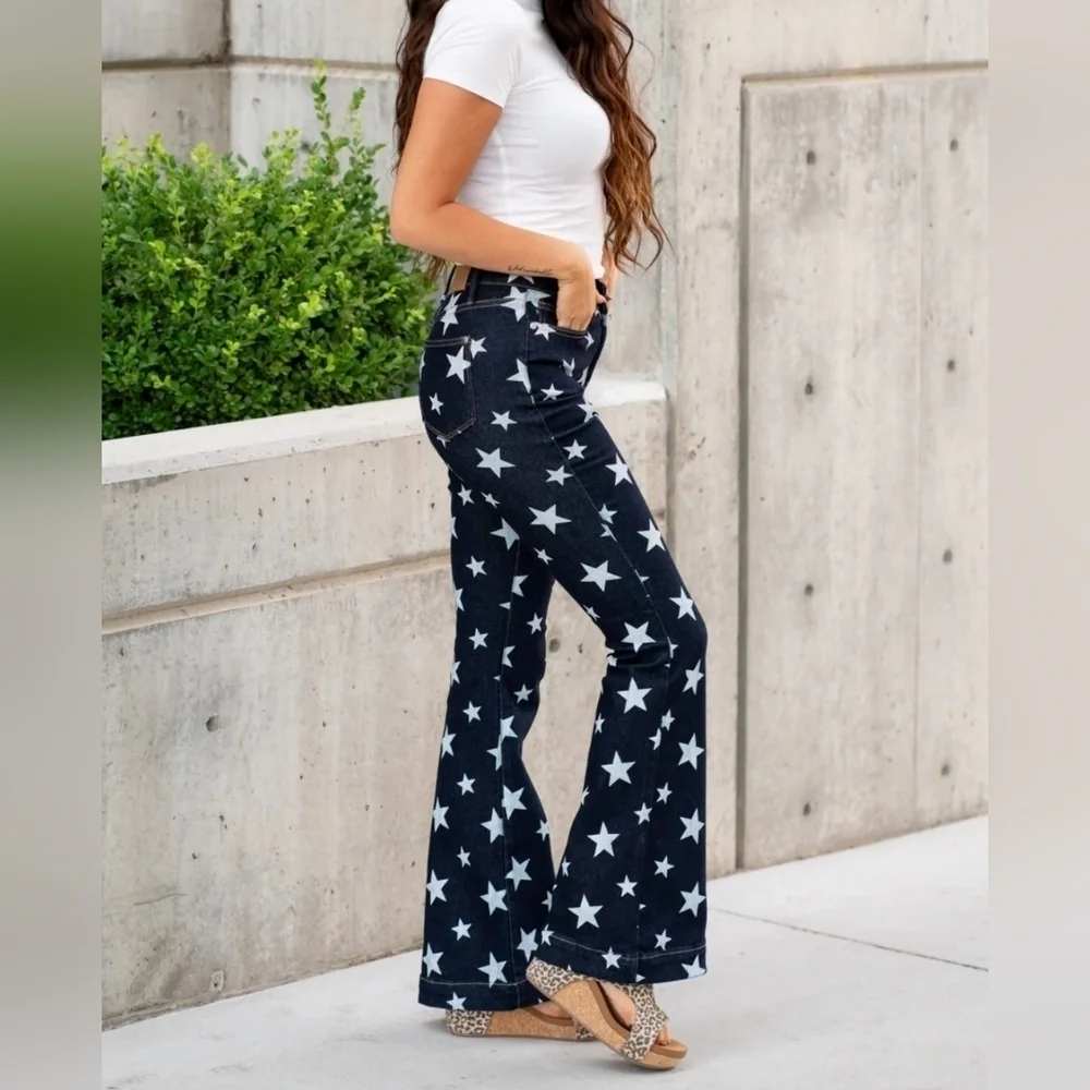 Judy Blue HR Dark Wash Star Print Flare Jeans Classic Americana Various NEW